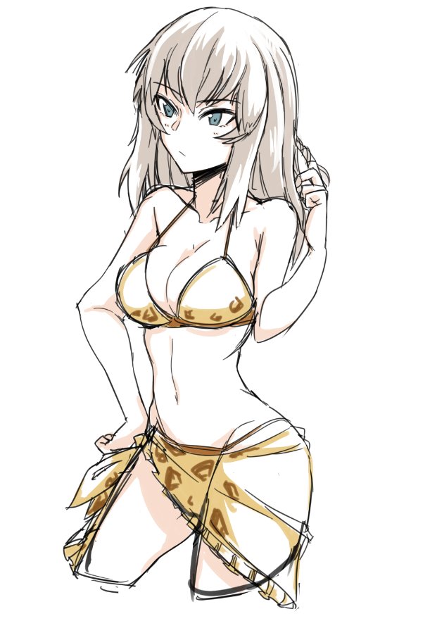 1girl animal_print bangs bikini blue_eyes breasts brown_bikini brown_sarong closed_mouth commentary cowboy_shot cropped_legs eyebrows_visible_through_hair girls_und_panzer hand_on_hip itsumi_erika leopard_print light_frown long_hair looking_to_the_side medium_breasts muted_color playing_with_own_hair print_bikini saku_(saku1151) silver_hair simple_background solo standing string_bikini swimsuit white_background