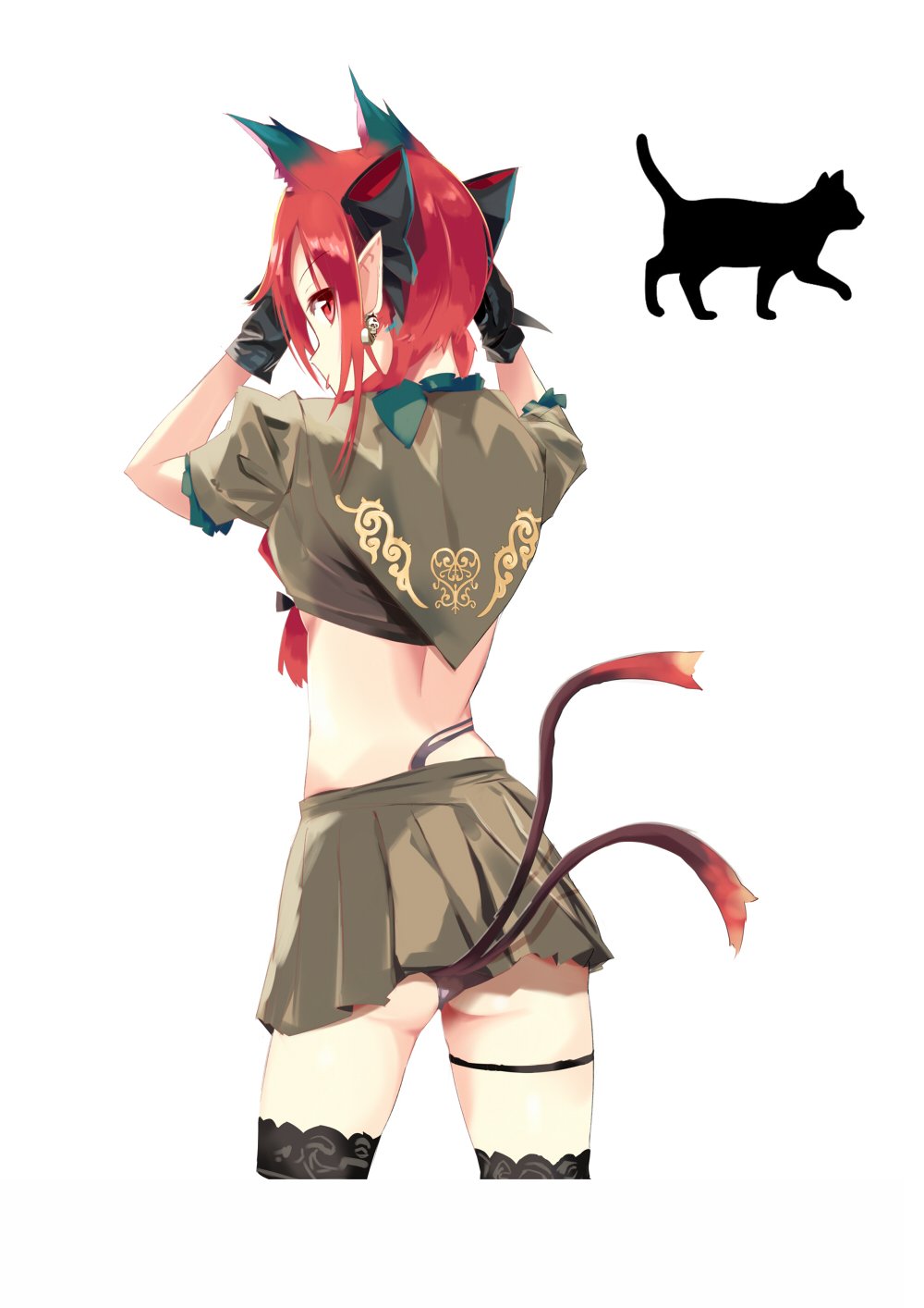 1girl animal_ears ass black_bow black_cat black_gloves black_legwear black_panties bow braid breasts brown_shirt brown_skirt cat cat_ears cat_tail commentary_request crop_top cropped_legs earrings eyebrows_visible_through_hair from_behind gloves hair_bow hands_up highres jewelry kaenbyou_rin looking_at_viewer looking_back midriff miniskirt multiple_tails panties panty_peek pleated_skirt pointy_ears profile puffy_short_sleeves puffy_sleeves red_eyes redhead shirt short_sleeves sidelocks simple_background skirt skull_earrings solo standing tail tetsurou_(fe+) thigh-highs thigh_strap thighs tongue tongue_out touhou two_tails under_boob underwear white_background