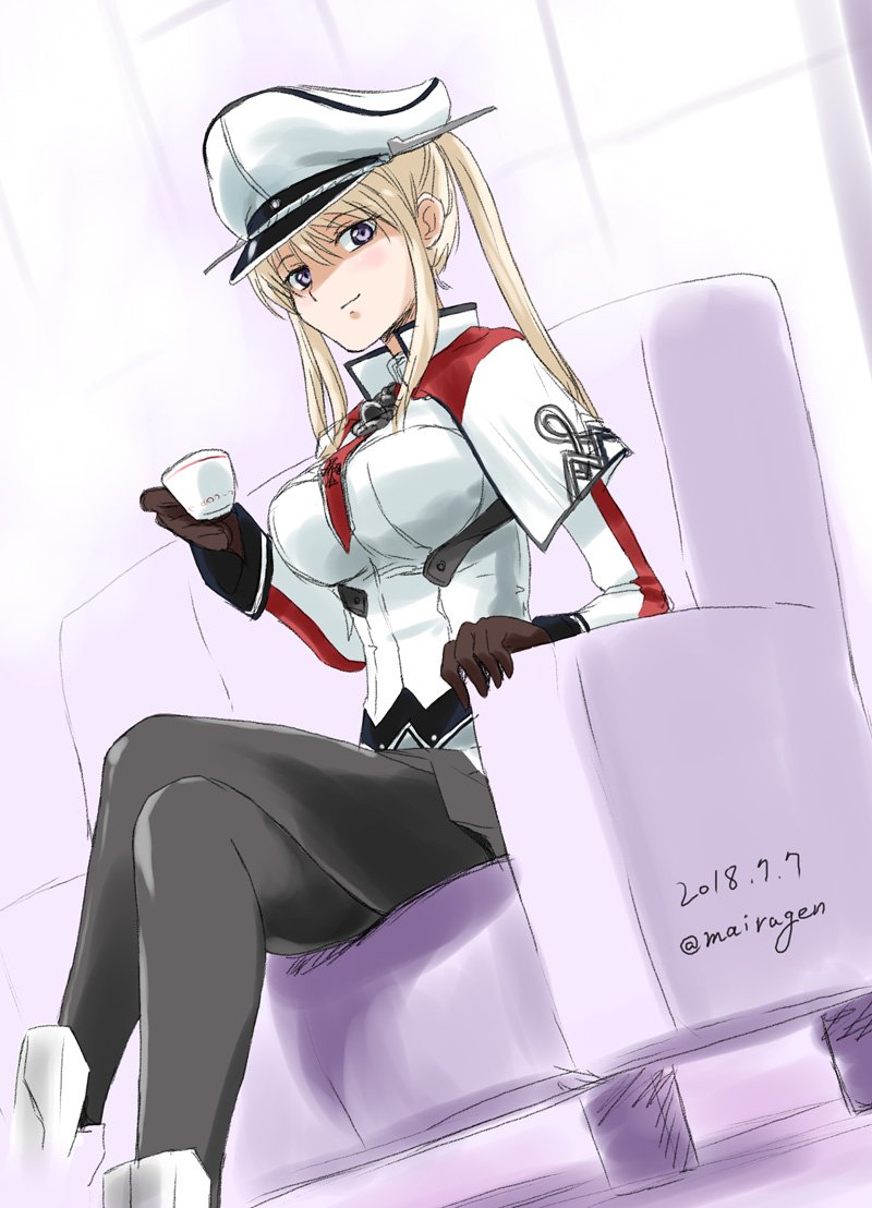 1girl black_gloves black_legwear blonde_hair breasts capelet celtic_knot commentary_request couch cup dated dutch_angle gloves graf_zeppelin_(kantai_collection) grey_eyes hair_between_eyes hat high_ponytail iron_cross kantai_collection large_breasts legs_crossed looking_at_viewer maira_gen military military_hat military_uniform miniskirt necktie pantyhose peaked_cap sidelocks skirt solo teacup tsurime twintails twitter_username uniform white_hat