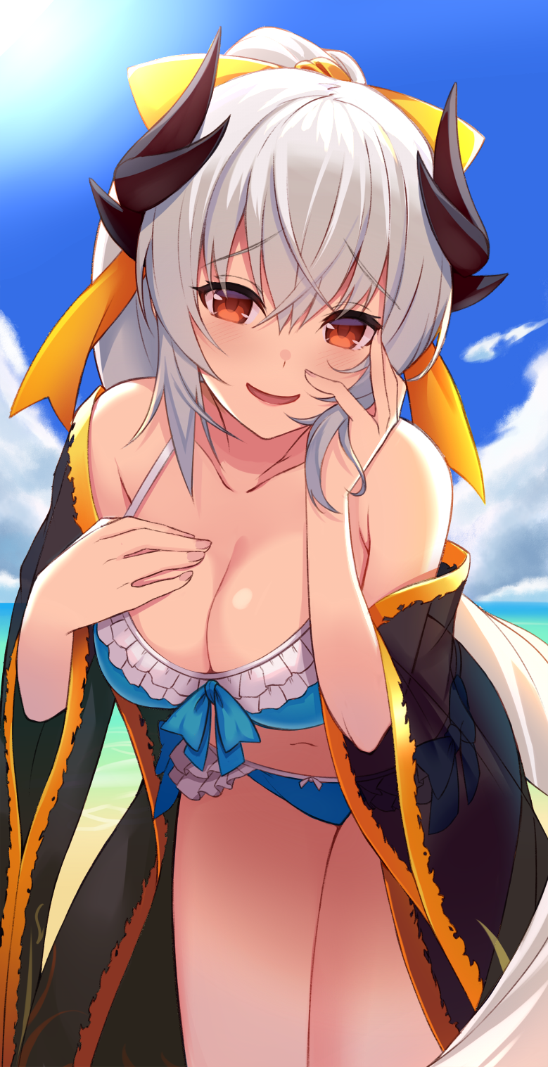 1girl bangs bare_shoulders bikini black_kimono blue_bikini blue_sky blush bow breasts cleavage collarbone dragon_girl dragon_horns eyebrows_visible_through_hair fate/grand_order fate_(series) hair_between_eyes hair_bow hand_on_own_chest highres hips horns japanese_clothes kimono kiyohime_(fate/grand_order) kiyohime_(swimsuit_lancer)_(fate) leaning_forward long_hair looking_at_viewer medium_breasts off_shoulder open_clothes open_kimono open_mouth red_eyes sky smile solo sukebewe swimsuit thighs very_long_hair white_hair yellow_bow