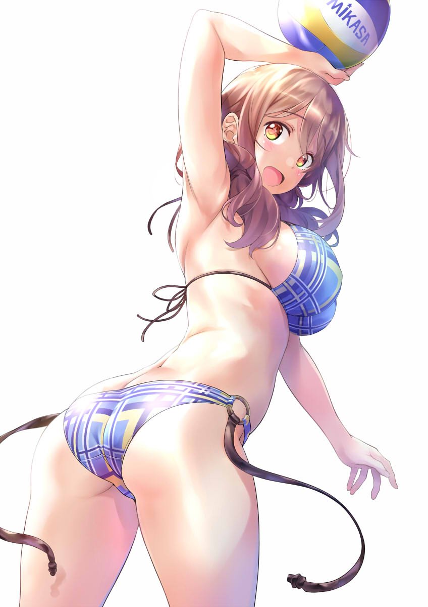 1girl ass beach_volleyball bikini blue_bikini breasts brown_eyes brown_hair butt_crack cowboy_shot from_behind harukana_receive highres large_breasts long_hair looking_back nagayori o-ring o-ring_bikini o-ring_bottom oozora_haruka_(harukana_receive) sideboob simple_background solo swimsuit volleyball white_background