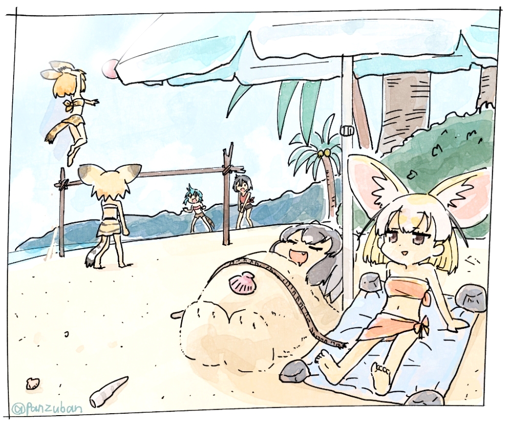6+girls :d animal_ears barefoot beach beach_umbrella beach_volleyball black_hair blonde_hair brown_eyes buried cat_ears cat_tail closed_eyes commentary common_raccoon_(kemono_friends) day extra_ears fang fennec_(kemono_friends) fox_ears green_hair jumping kaban_(kemono_friends) kemono_friends multiple_girls open_mouth outdoors palm_tree panzuban sand sand_cat_(kemono_friends) seashell serval_(kemono_friends) serval_ears serval_tail shell short_hair sleeping smile tail tree tsuchinoko_(kemono_friends) umbrella