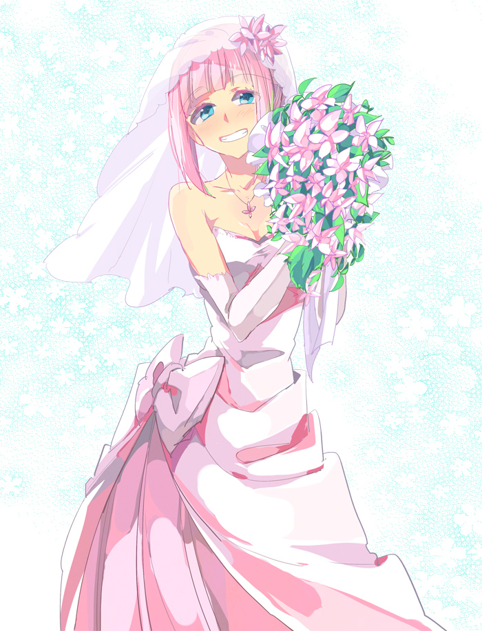 1girl blue_eyes breasts cleavage commentary_request dress ishiwari miki_sauvester open_mouth pink_hair short_hair smile solo star_ocean star_ocean_integrity_and_faithlessness wedding_dress