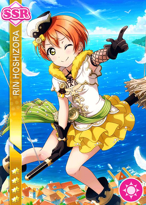 bluh broom character_name dress gloves green_eyes hoshizora_rin love_live!_school_idol_festival love_live!_school_idol_project orange_hair short_hair sky smile wink witch