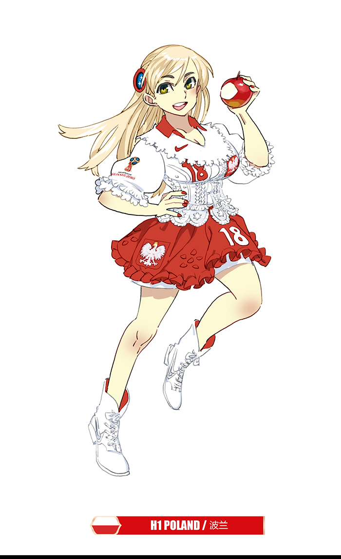 1girl 2018_fifa_world_cup apple blonde_hair boots breasts brown_eyes cleavage collared_shirt cross-laced_footwear daibajoujisan food fruit full_body hair_ornament hand_on_hip lace-up_boots large_breasts nike poland polish_flag red_skirt shirt short_sleeves simple_background skirt soccer solo standing standing_on_one_leg white_background white_footwear white_shirt