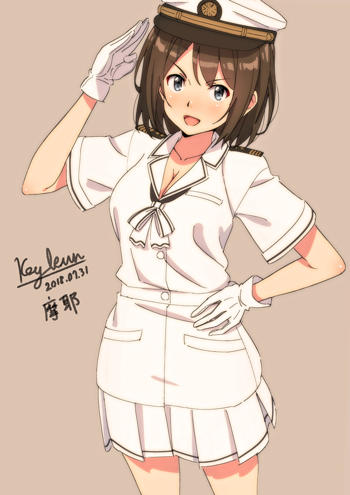 1girl alternate_costume blue_eyes blush breasts brown_hair eyebrows_visible_through_hair flat_cap gloves grey_background hat kantai_collection key_kun looking_at_viewer maya_(kantai_collection) medium_breasts military military_uniform miniskirt naval_uniform open_mouth short_sleeves simple_background skirt solo uniform white_gloves white_skirt