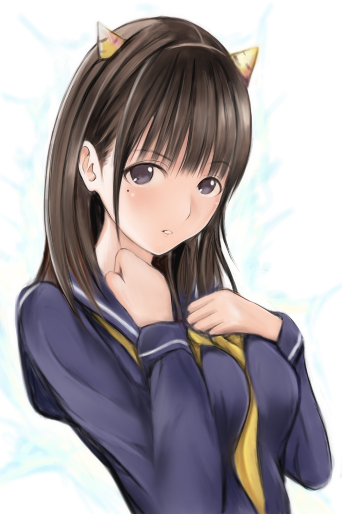 1girl anegasaki_nene bangs blue_shirt blunt_bangs borrowed_garments brown_eyes brown_hair eyebrows_visible_through_hair horns long_hair looking_at_viewer love_plus mole mole_under_eye nannacy7 neckerchief parted_lips shirt simple_background solo upper_body white_background yellow_neckwear