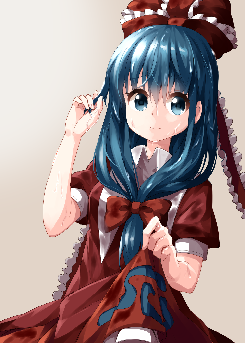 1girl aqua_eyes aqua_hair bangs bow breasts closed_mouth collared_shirt dress dutch_angle eyebrows_visible_through_hair face frilled_dress frilled_ribbon frills front_ponytail gradient gradient_background hair_bow hair_ribbon highres holding holding_hair kagiyama_hina kerchief long_hair looking_at_viewer puffy_short_sleeves puffy_sleeves red_dress red_ribbon ribbon ruu_(tksymkw) shirt short_sleeves skirt_hold sleeve_cuffs small_breasts smile solo standing swirl touhou upper_body water wet wet_clothes wet_dress wet_hair white_background white_collar white_frills