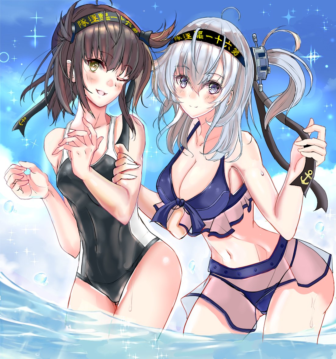 bikini black_hair blue_eyes blue_swimsuit blush breasts closed_mouth clouds cloudy_sky eriyama_e eyebrows_visible_through_hair green_eyes hair_between_eyes hatsuzuki_(kantai_collection) headband kantai_collection large_breasts long_hair looking_at_viewer multicolored multicolored_clothes multicolored_swimsuit ocean one_eye_closed open_mouth ponytail sky small_breasts smile suzutsuki_(kantai_collection) swimsuit white_hair