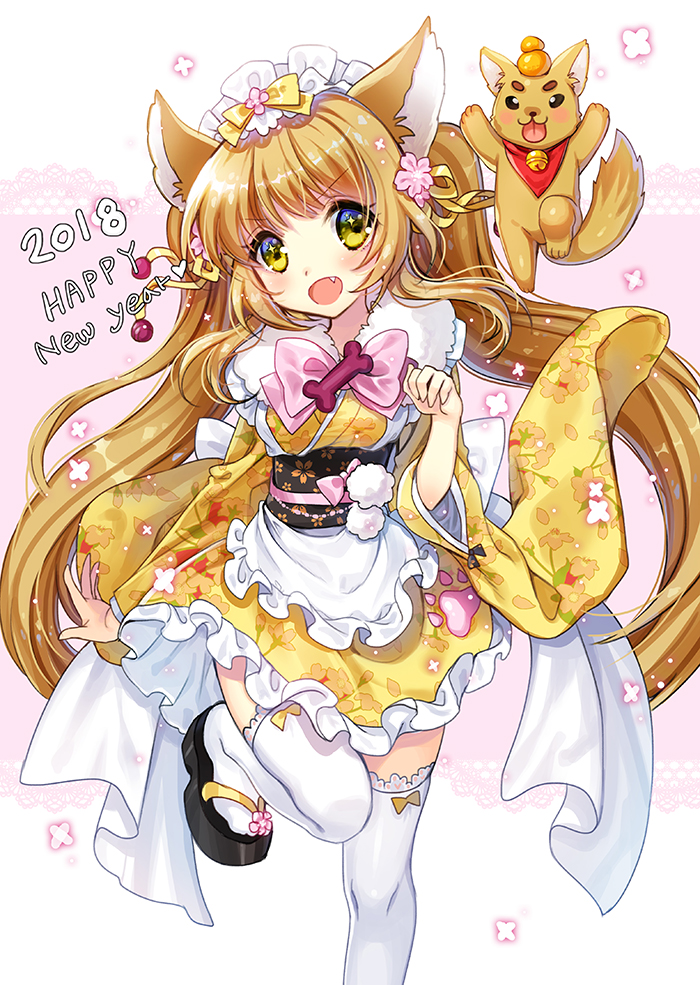 1girl 2018 :d animal_ears apron blush brown_hair chinese_zodiac dog dog_ears dog_girl fang frilled_apron frills happy_new_year japanese_clothes kimono long_hair maid_apron maid_headdress new_year open_mouth original ratise short_kimono smile tail thigh-highs twintails very_long_hair wa_maid white_apron white_legwear year_of_the_dog yellow_eyes