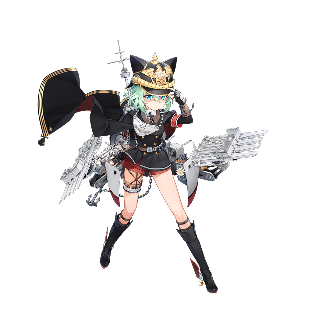 1girl adjusting_clothes adjusting_hat armband artist_request blue_eyes cannon cape full_body green_hair gun hat iron_cross looking_to_the_side military military_uniform official_art remodel_(zhan_jian_shao_nyu) short_hair solo torpedo_tubes transparent_background uniform weapon z21_wilhelm_heidkamp_(zhan_jian_shao_nyu) zhan_jian_shao_nyu