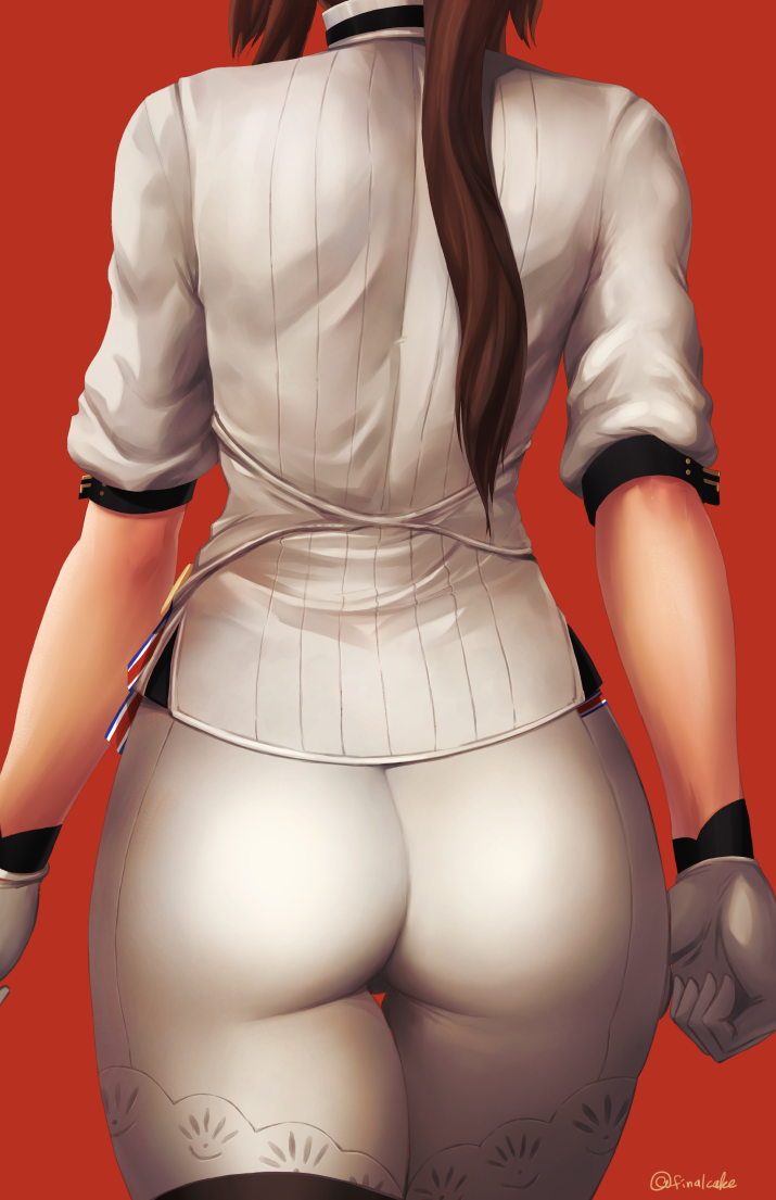 1girl ass brown_hair collared_shirt finalcake from_behind girls_frontline gloves lee-enfield_(girls_frontline) long_hair pants ponytail red_background shirt simple_background solo thigh-highs twitter_username very_long_hair white_gloves white_pants white_shirt