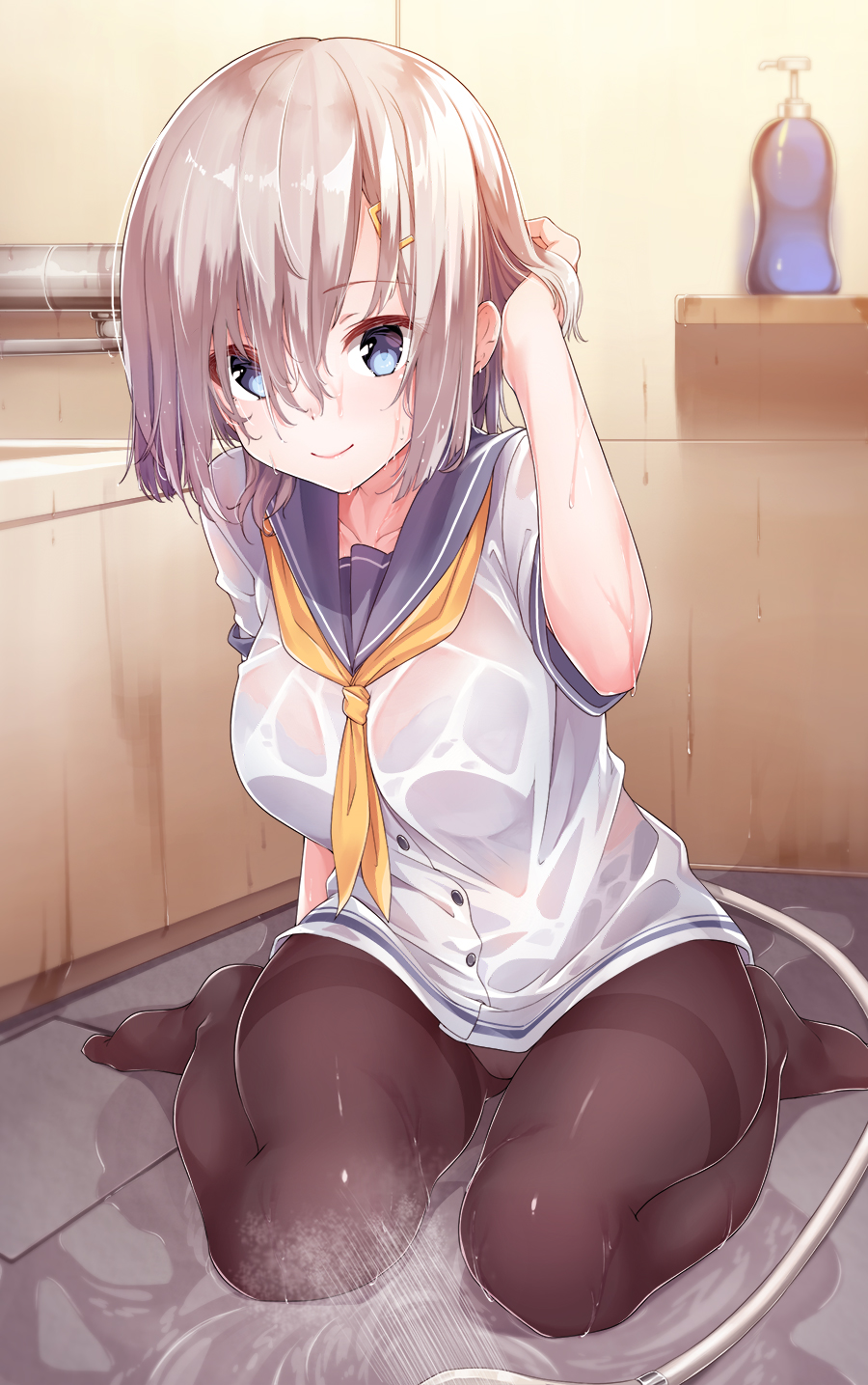 1girl adjusting_hair arm_up bangs bathroom bathtub black_legwear blue_eyes blurry blurry_background blush bra breasts buttons closed_mouth collarbone commentary_request depth_of_field eyebrows_visible_through_hair full_body gluteal_fold hair_between_eyes hair_ornament hair_over_one_eye hairclip hamakaze_(kantai_collection) hand_in_hair hand_up highres indoors kantai_collection konnyaku_(kk-monmon) large_breasts lips looking_at_viewer neckerchief no_pants no_shoes on_floor panties panties_under_pantyhose pantyhose pantyshot pantyshot_(sitting) school_uniform see-through serafuku shampoo_bottle shirt short_hair short_sleeves shower_head silver_hair sitting smile solo thighband_pantyhose tile_floor tiles underwear wariza water wet wet_clothes wet_hair wet_shirt yellow_neckwear