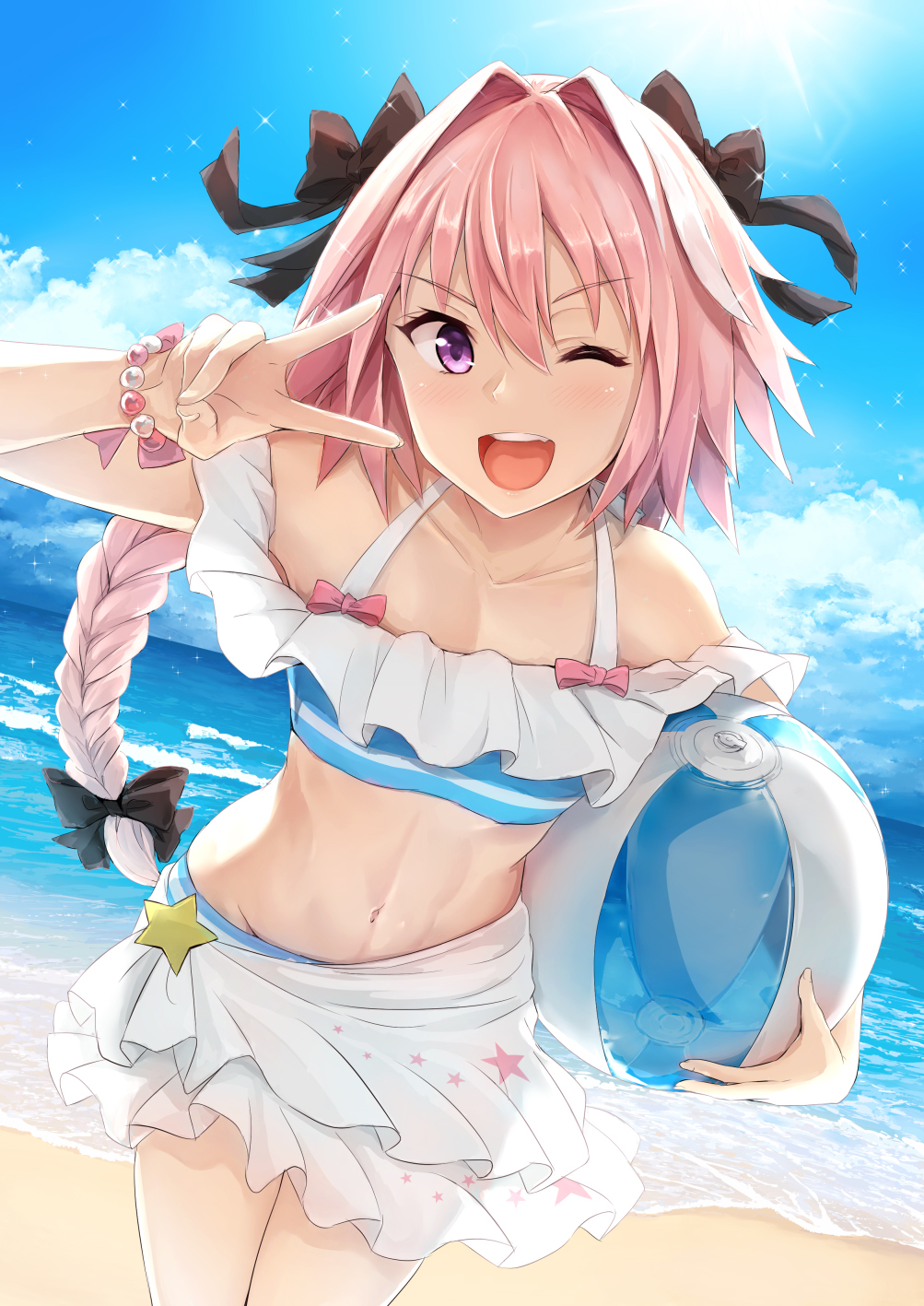 1boy :d akita_hika astolfo_(fate) ball bare_shoulders beach beachball black_bow black_ribbon bow bracelet braid clouds collarbone eyebrows_visible_through_hair fang fate/apocrypha fate_(series) groin hair_between_eyes hair_bow hair_intakes hair_ribbon highres holding jewelry leaning_forward long_braid long_hair midriff navel open_mouth pink_hair ribbon sand sarong single_braid sky smile solo striped striped_swimsuit sunlight swimsuit trap v violet_eyes water