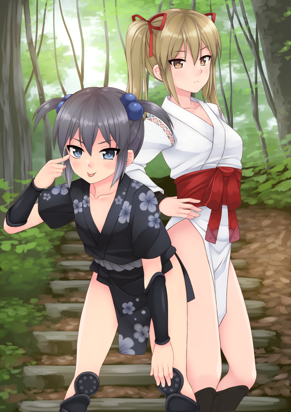 2girls :p akemiho_tabi_nikki arm_guards blonde_hair bow brown_eyes closed_mouth eyebrows_visible_through_hair forest grey_eyes grey_hair hair_bow hand_on_hip highres japanese_clothes kouno_hikaru leaning_forward multiple_girls nature outdoors pelvic_curtain shin_guards standing tongue tongue_out twintails two_side_up