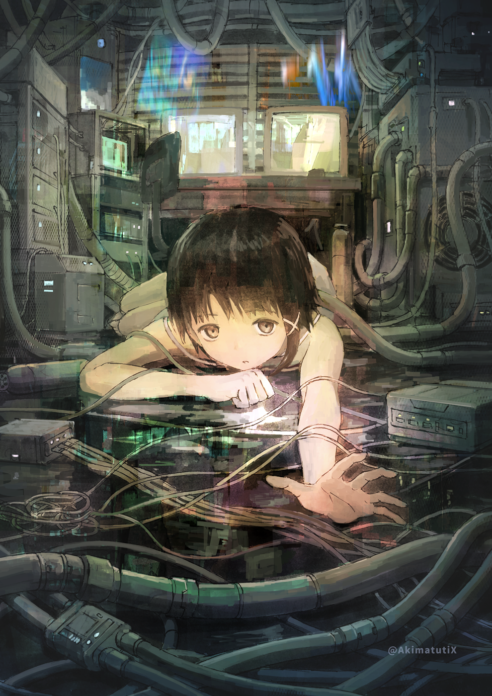 1girl asymmetrical_bangs asymmetrical_hair bangs brown_eyes brown_hair cable chair commentary_request computer cyberpunk desk entangled highres iwakura_lain looking_at_viewer lying machinery monitor office_chair on_stomach outstretched_arm outstretched_hand room serial_experiments_lain short_hair solo texture tokunaga_akimasa twitter_username