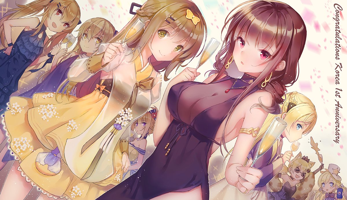 &gt;_&lt; 6+girls :d :o ahoge alcohol alternate_costume alternate_hairstyle animal_ears armlet bangs bare_shoulders black_dress blonde_hair blue_dress blue_eyes blunt_bangs blush braid breasts brown_eyes brown_hair cat_ears champagne_flute cleavage closed_eyes closed_mouth cola colt_m1873_(girls_frontline) commentary_request cowboy_hat cup dress drinking_glass dsr-50_(girls_frontline) earrings elbow_gloves eyebrows_visible_through_hair girls_frontline gloves grizzly_mkv_(girls_frontline) hair_between_eyes hair_ornament hair_up hairclip hanbok hat holding holding_drinking_glass idw_(girls_frontline) jewelry k5_(girls_frontline) korean_clothes large_breasts long_hair looking_at_viewer manle medium_breasts multiple_girls off_shoulder one_side_up open_mouth purple_dress red_eyes ribbon ring scar scar_across_eye side_slit sideboob sidelocks small_breasts smile star strapless strapless_dress sunglasses thighs tiara twintails ump45_(girls_frontline) ump9_(girls_frontline) very_long_hair violet_eyes wedding_band wrist_ribbon xd yellow_dress yellow_eyes