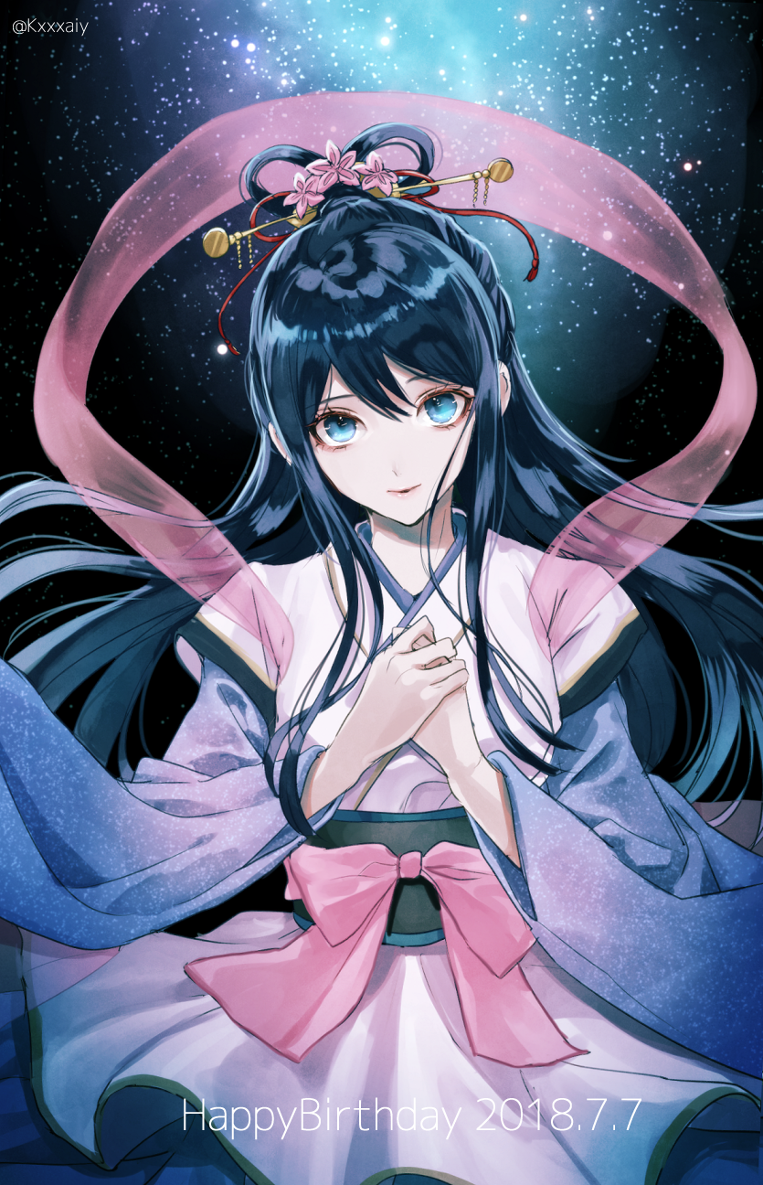 1girl alternate_costume alternate_hairstyle black_hair blue_eyes dangan_ronpa dangan_ronpa_1 hair_ornament happy_birthday highres japanese_clothes long_hair looking_at_viewer maizono_sayaka sakuyu sash sky solo star_(sky) starry_sky tanabata twitter_username