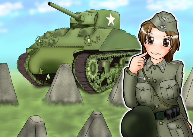 1girl breasts brown_eyes brown_hair caterpillar_tracks clouds day grass ground_vehicle kanchuumimai long_hair m4_sherman military military_uniform military_vehicle motor_vehicle original same_hiroshi sky tank uniform