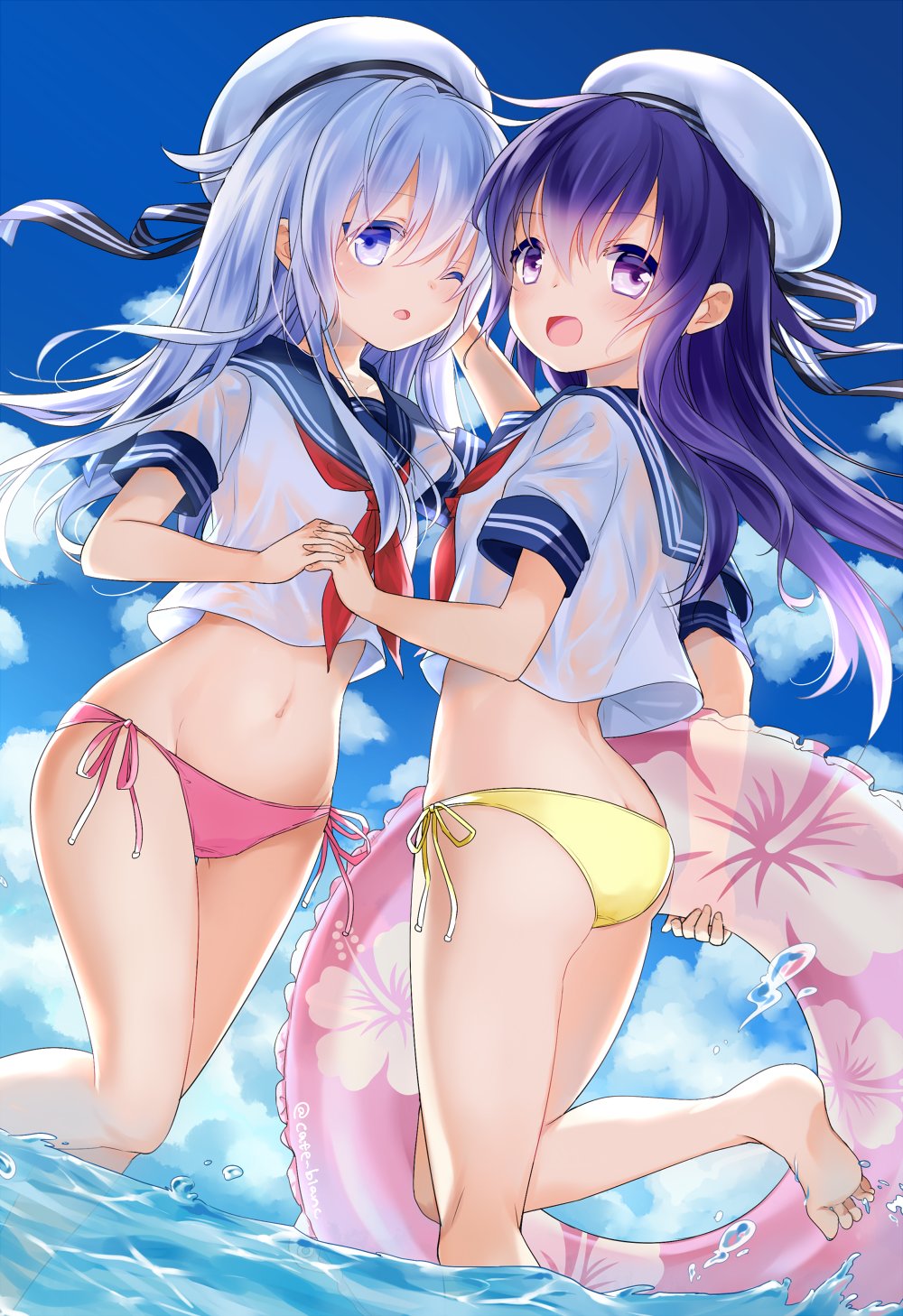 2girls akatsuki_(kantai_collection) ass bikini bikini_bottom bikini_under_clothes black_hat black_sailor_collar blue_eyes blue_sky clouds cowboy_shot day flat_cap hand_holding hat hibiki_(kantai_collection) highres kantai_collection long_hair looking_at_viewer motohara_moka multiple_girls neckerchief one_eye_closed outdoors pink_bikini pink_bikini_bottom purple_hair red_neckwear sailor_collar sailor_shirt school_uniform serafuku shirt side-tie_bikini silver_hair sky standing standing_on_one_leg swimsuit swimsuit_under_clothes violet_eyes water wet wet_clothes yellow_bikini yellow_bikini_bottom