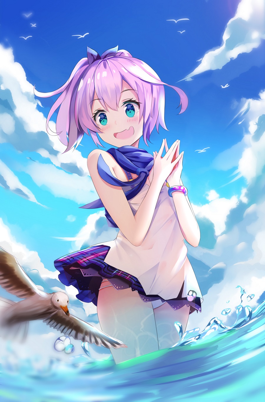 1girl :d animal azur_lane bare_shoulders bird black_ribbon blue_skirt blue_sky blurry blurry_foreground blush breasts camisole clouds cloudy_sky day depth_of_field dutch_angle fang fingernails green_eyes hair_ribbon hands_up highres javelin_(azur_lane) looking_away looking_to_the_side mobu_(wddtfy61) ocean open_mouth outdoors own_hands_together panties pink_hair plaid plaid_skirt pleated_skirt ponytail ribbon seagull short_hair skirt sky small_breasts smile solo steepled_fingers underwear wading water white_camisole white_panties