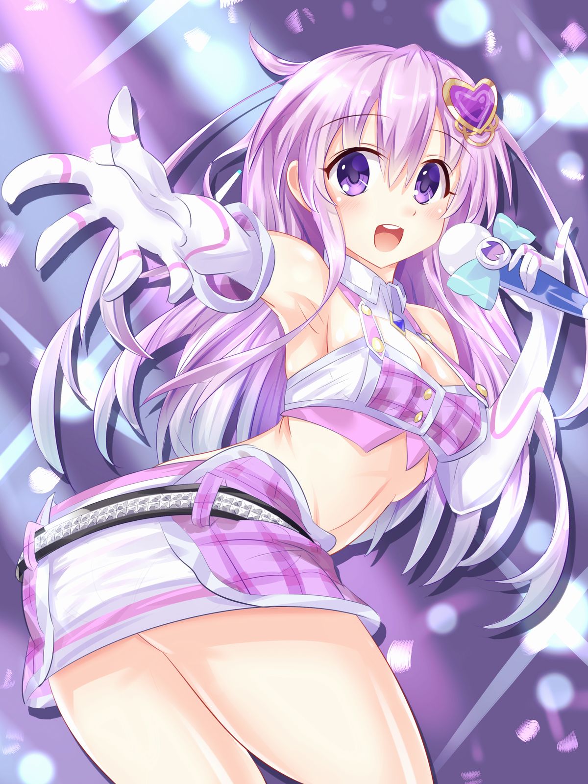 1girl :d armpits ass bare_shoulders breasts checkered cleavage cleavage_cutout commentary_request cowboy_shot crop_top elbow_gloves gloves hair_between_eyes hair_ornament heart heart_hair_ornament highres holding holding_microphone kazuneko_(wktk1024) leaning_forward long_hair looking_at_viewer looking_back microphone midriff miniskirt nepgear neptune_(series) open_mouth purple_hair reaching_out skirt smile solo thighs upper_teeth violet_eyes