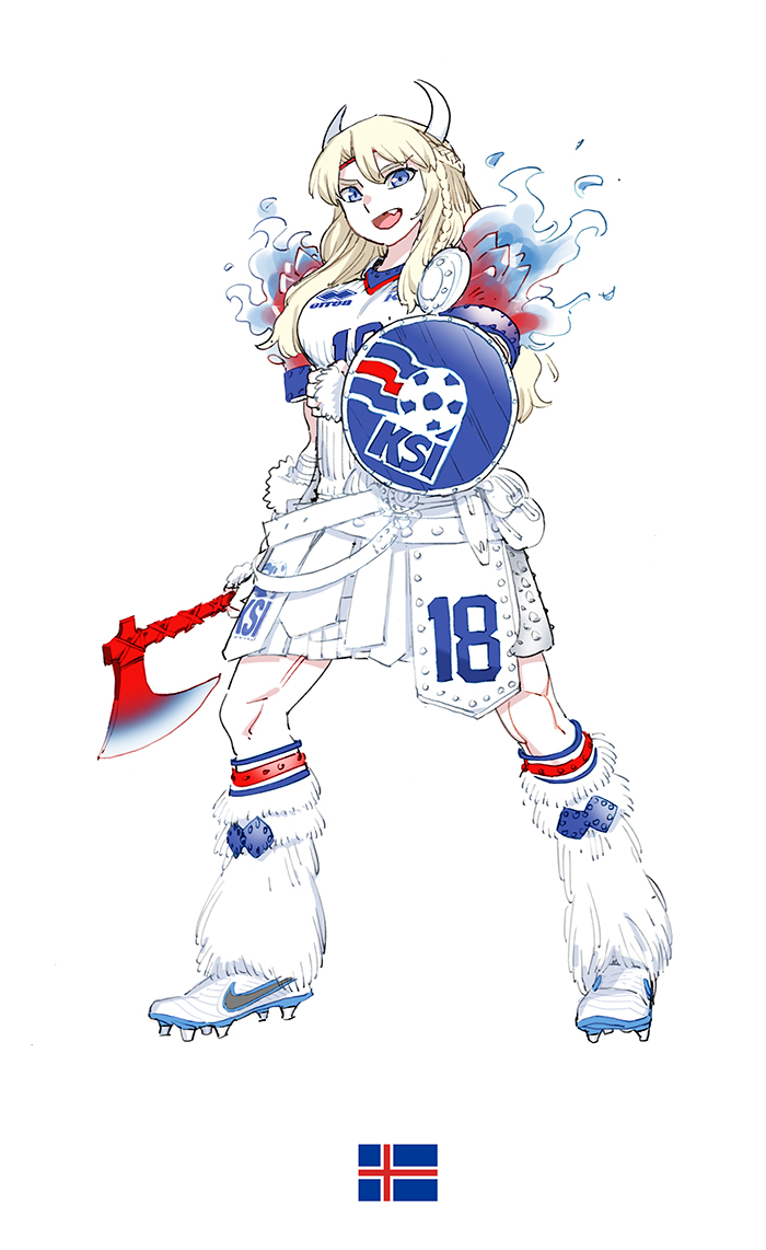 1girl 2018_fifa_world_cup :d armor armored_dress axe blonde_hair blue_eyes braid cleats daibajoujisan fang fire french_braid full_body horns iceland icelandic_flag long_hair looking_at_viewer open_mouth shield simple_background skirt smile soccer solo white_background white_footwear white_legwear white_skirt