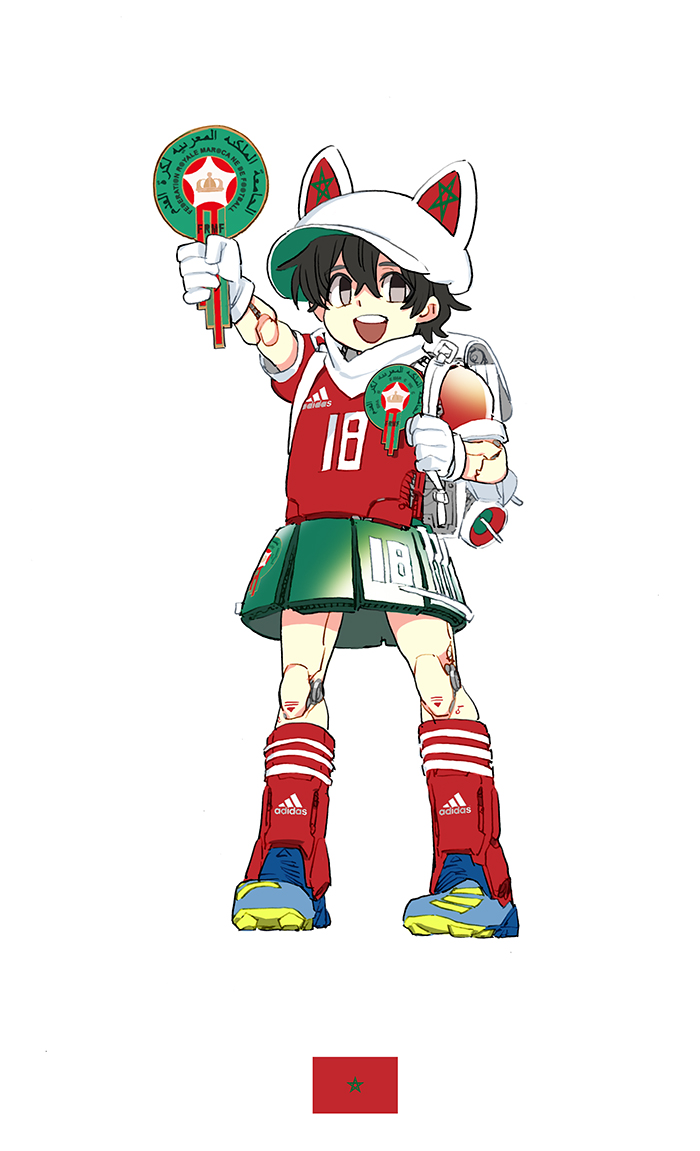 1girl 2018_fifa_world_cup :d animal_ears black_hair blue_footwear cleats daibajoujisan fake_animal_ears full_body grey_eyes hat morocco open_mouth red_legwear robot_joints shin_guards simple_background smile soccer solo white_background