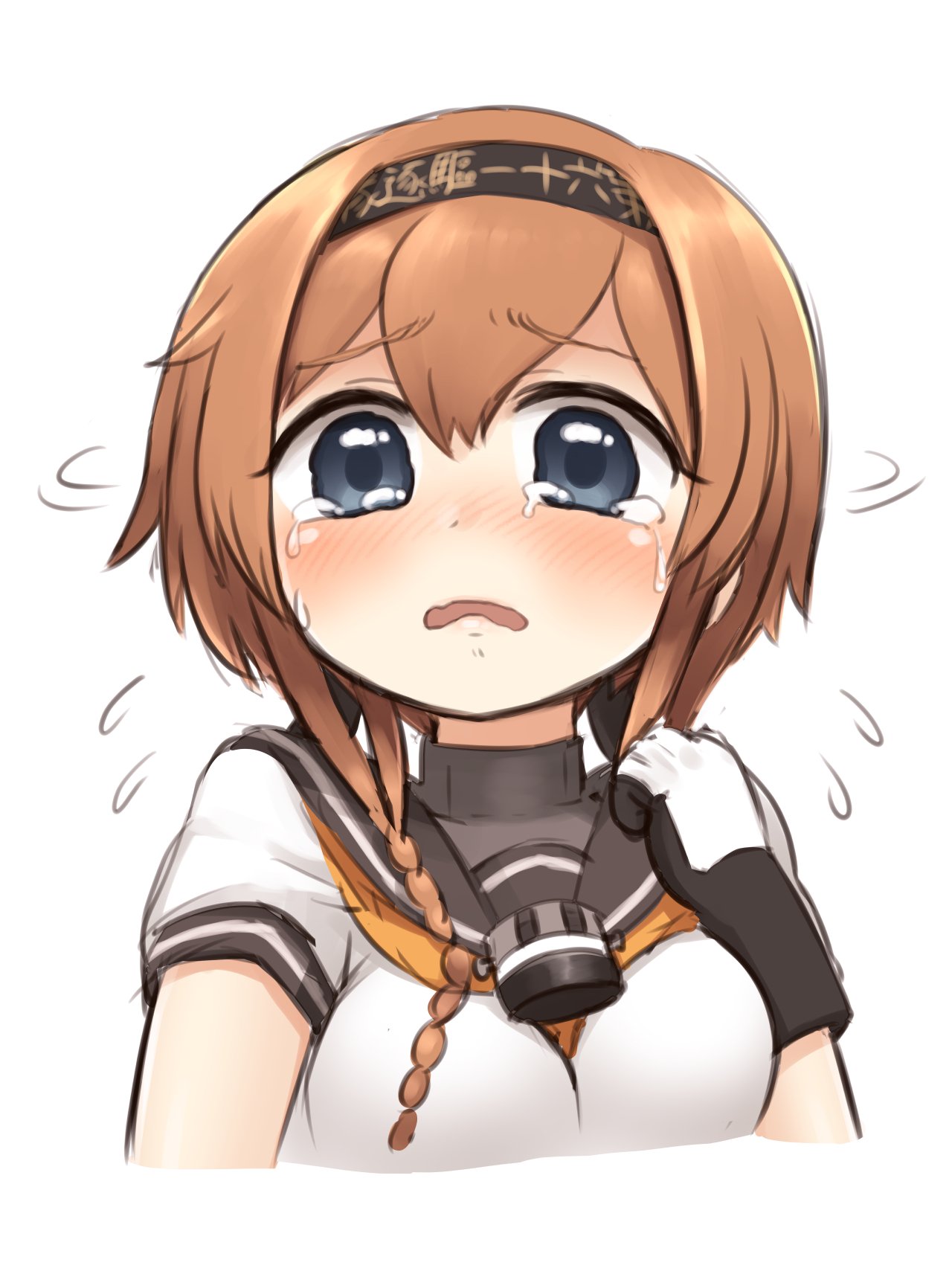 1girl blue_eyes blush cropped_torso crying crying_with_eyes_open gloves hachimaki headband highres kantai_collection light_brown_hair long_hair looking_at_viewer open_mouth sailor_collar simoyuki simple_background solo tears teruzuki_(kantai_collection) upper_body white_background