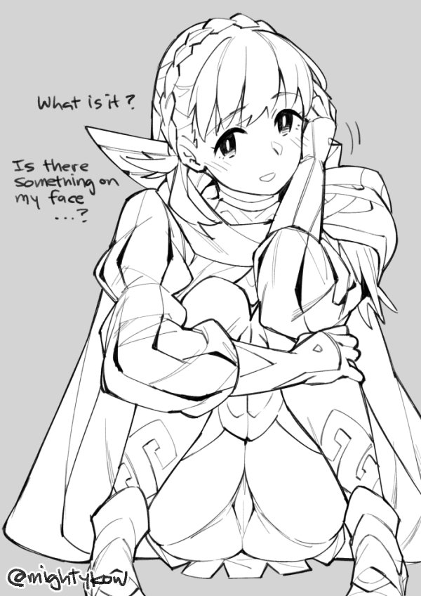 1girl braid cape crown_braid fire_emblem fire_emblem_heroes gebyy-terar gloves grey_background greyscale long_sleeves monochrome open_mouth sharena shorts shorts_under_skirt simple_background solo squatting twitter_username