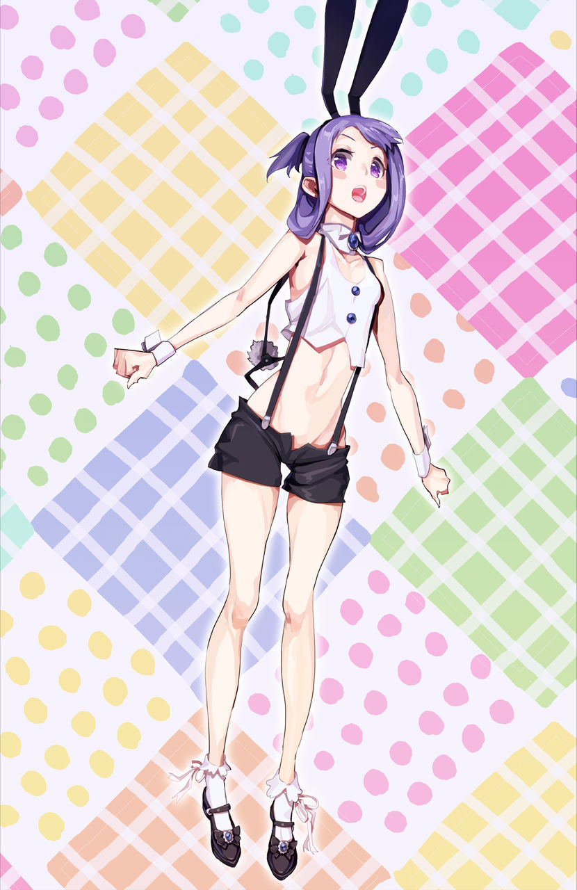 alternate_costume animal_ears black_shorts blush_stickers bobby_socks bow breasts brooch bunny_tail crop_top detached_collar fake_animal_ears full_body high_collar highres jewelry jumping long_hair looking_at_viewer mary_janes midriff multicolored multicolored_background navel open_mouth purple_hair rabbit_ears saki shirt shoe_bow shoes short_shorts shorts sleeveless sleeveless_shirt small_breasts socks suehara_kyouko suspender_shorts suspenders tail tied_hair violet_eyes white_len white_shirt wrist_cuffs yaku_yojino