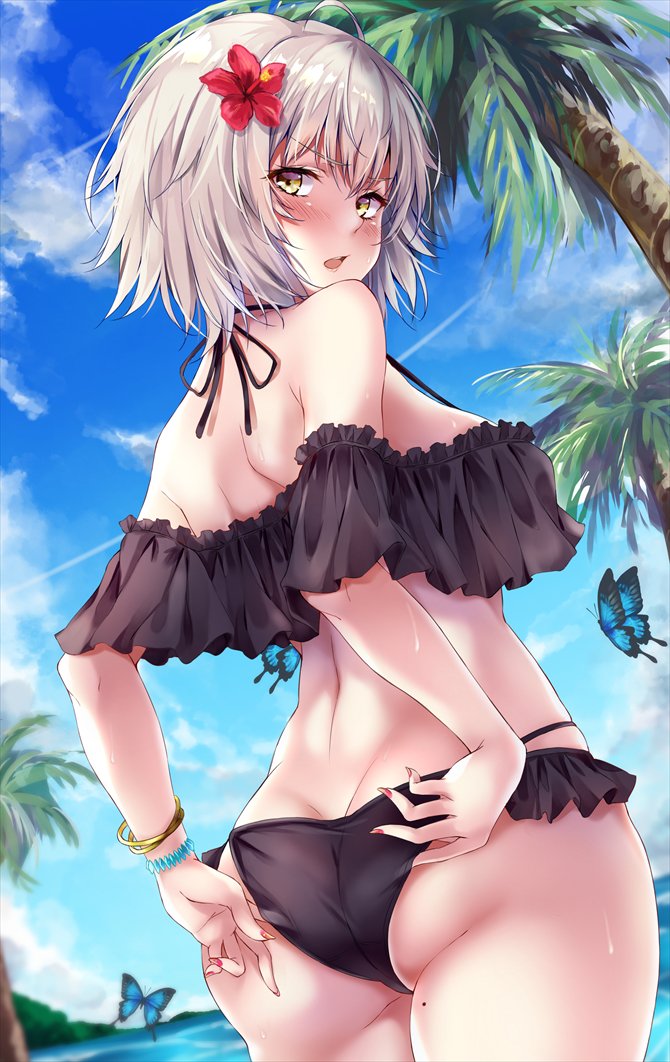 1girl adjusting_clothes adjusting_swimsuit ahoge alternate_costume ass bangle bangs beach bikini black_bikini blue_sky blush bracelet breasts bug butt_crack butterfly clouds day eyebrows_visible_through_hair fate/grand_order fate_(series) flower frilled_bikini frills from_behind hair_flower hair_ornament insect jeanne_d'arc_(alter)_(fate) jeanne_d'arc_(fate)_(all) jewelry large_breasts looking_at_viewer looking_back marisasu_(marisa0904) mole mole_on_thigh nail_polish ocean open_mouth outdoors palm_tree red_nails short_hair shoulder_blades sidelocks silver_hair skindentation sky solo swimsuit thighs tree wet yellow_eyes