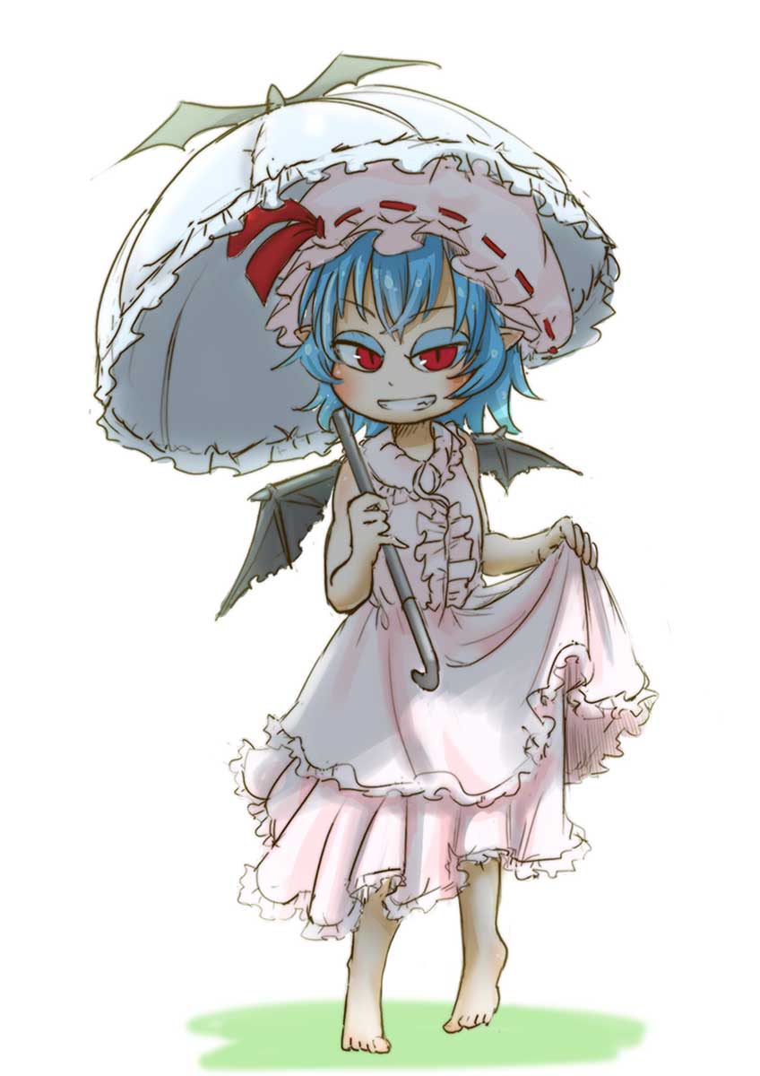 1girl bare_shoulders bat_wings blue_hair chamaji commentary_request dress dress_lift eyebrows_visible_through_hair eyeshadow frills grin hat hat_ribbon highres layered_dress makeup mob_cap outdoors parasol pointy_ears red_eyes remilia_scarlet ribbon simple_background sleeveless slit_pupils smile solo tiptoes touhou umbrella wings