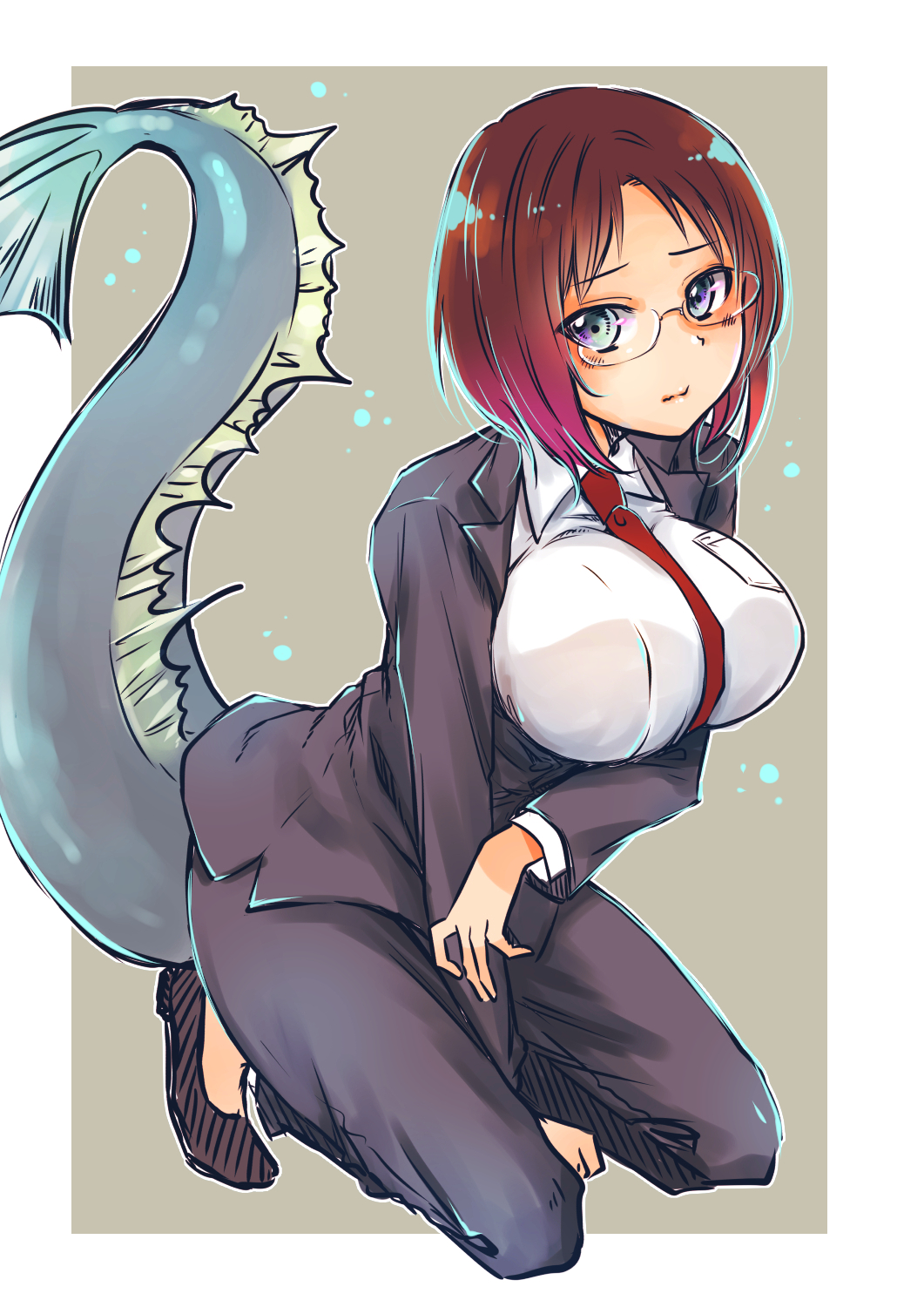 1girl bangs between_breasts blue_eyes breasts brown_hair collared_shirt elma_(maidragon) glasses highres jacket kobayashi-san_chi_no_maidragon large_breasts long_sleeves looking_at_viewer necktie necktie_between_breasts office_lady orihara_sachiko pants parted_bangs shirt shoes short_hair solo squatting tail tail_raised