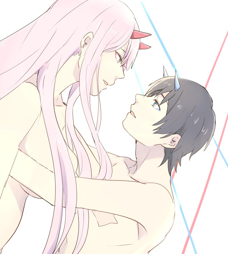 1boy 1girl bangs black_hair blue_eyes blue_horns breasts commentary_request couple darling_in_the_franxx green_eyes hetero hiro_(darling_in_the_franxx) horns long_hair looking_at_another medium_breasts oni_horns pink_hair red_horns shirtless short_hair t_r_15 zero_two_(darling_in_the_franxx)