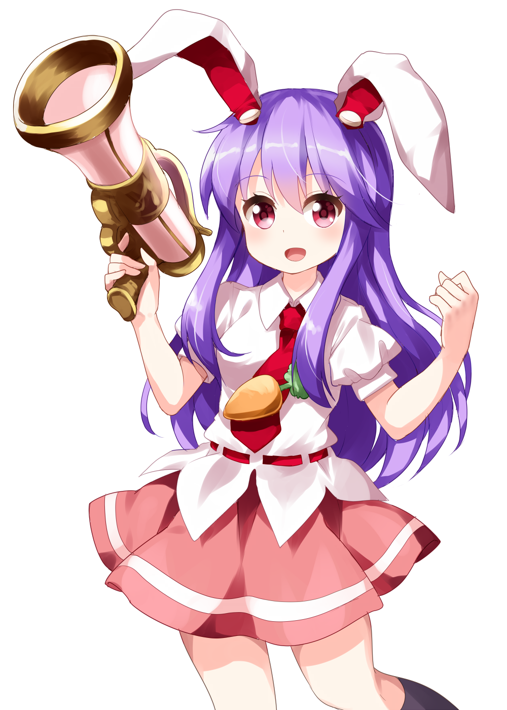 1girl :d animal_ears eyebrows_visible_through_hair highres long_hair looking_at_viewer lunatic_gun necktie open_mouth pink_skirt puffy_short_sleeves puffy_sleeves purple_hair rabbit_ears red_eyes red_neckwear reisen_udongein_inaba ruu_(tksymkw) shirt short_sleeves simple_background skirt smile solo touhou white_background white_shirt