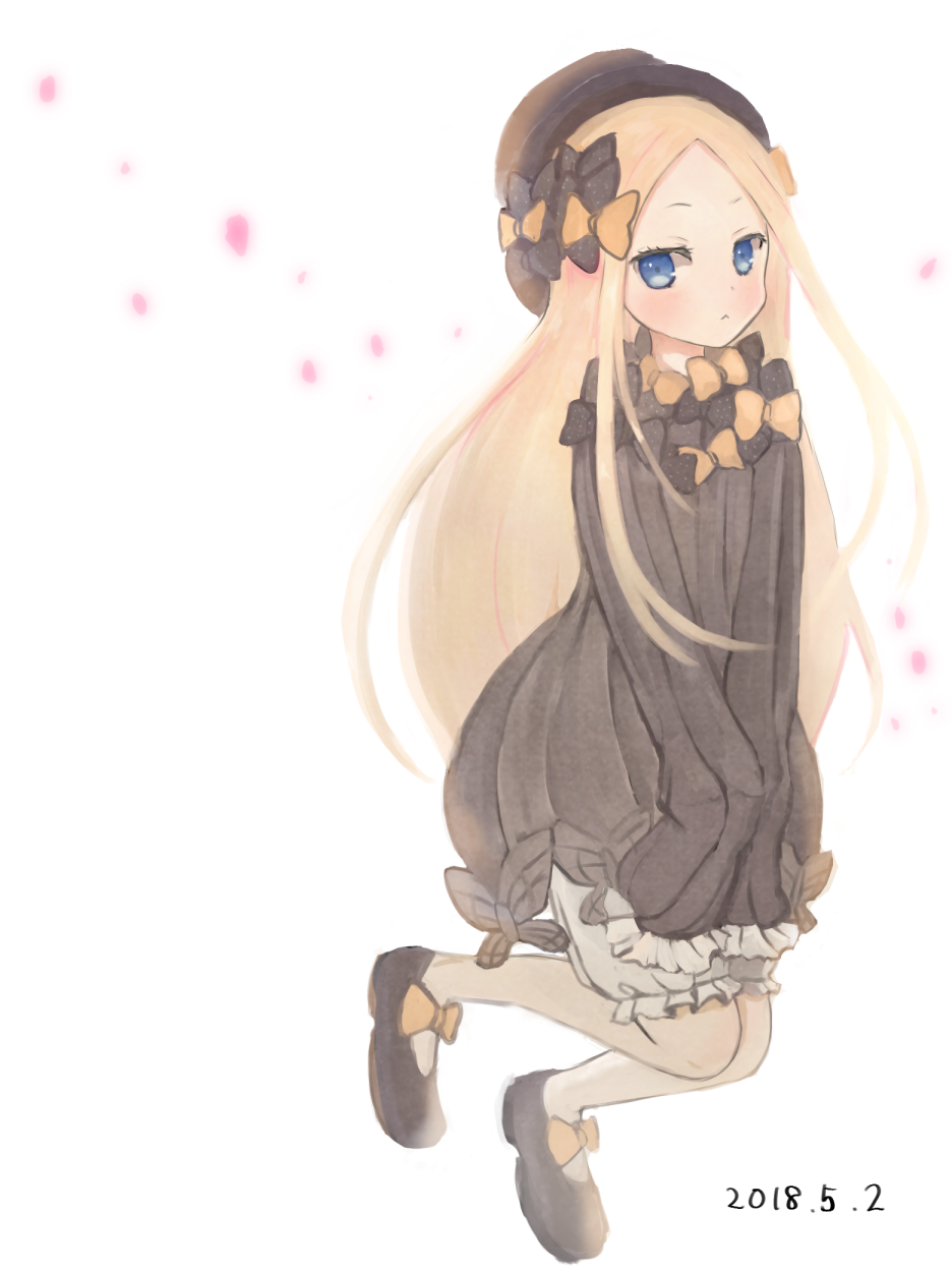 1girl :&lt; abigail_williams_(fate/grand_order) bangs black_bow black_dress black_footwear black_hat blonde_hair bloomers blue_eyes blush bow bug butterfly closed_mouth commentary_request dated dress fate/grand_order fate_(series) forehead hair_bow hat highres insect long_hair long_sleeves looking_at_viewer orange_bow parted_bangs petals polka_dot polka_dot_bow sai_(mayuemon817) shoes simple_background sleeves_past_fingers sleeves_past_wrists solo underwear very_long_hair white_background white_bloomers