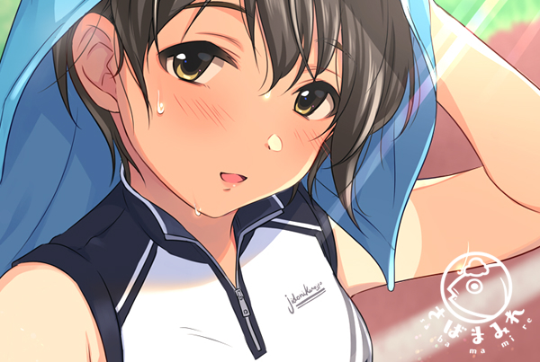 1girl artist_name bangs black_hair brown_eyes commentary_request hair_between_eyes looking_at_viewer open_mouth original short_hair sleeveless solo sportswear sweat towel towel_on_head tsukana_(saba_mizore)