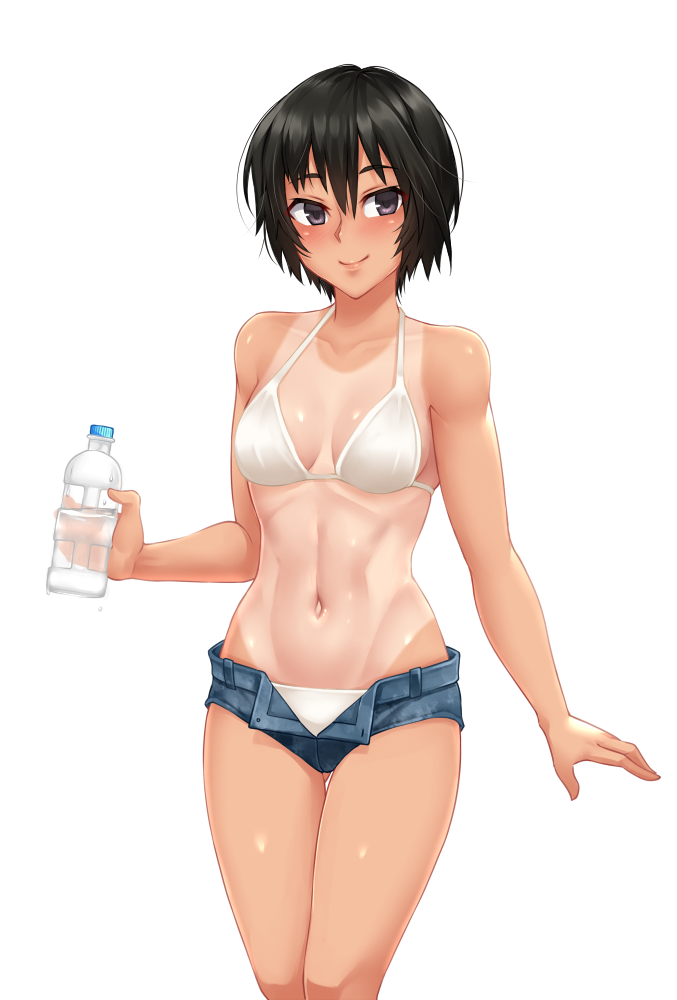 1girl amagami bare_shoulders bikini black_eyes black_hair blush bottle breasts breasts_apart collarbone gluteal_fold hair_between_eyes holding holding_bottle looking_at_viewer medium_breasts micro_shorts nanasaki_ai navel one-piece_tan short_hair short_shorts shorts simple_background smile solo stomach swimsuit tan tanline thigh_gap toned twrlare unbuttoned water_bottle white_background white_bikini