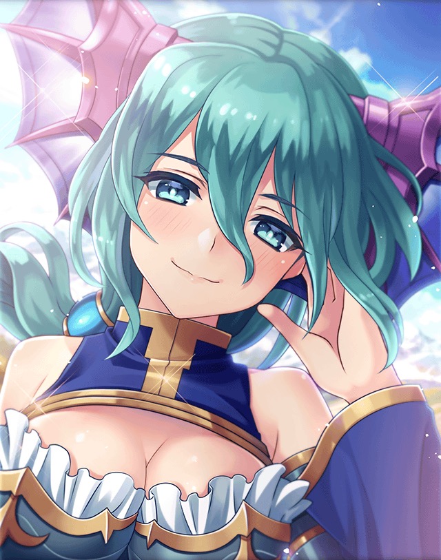 1girl aqua_eyes aqua_hair artist_request blush brave_frontier breasts cleavage crossover dress hair_ornament hand_in_hair headgear long_hair lucina_(brave_frontier) official_art phantom_of_the_kill ponytail smile