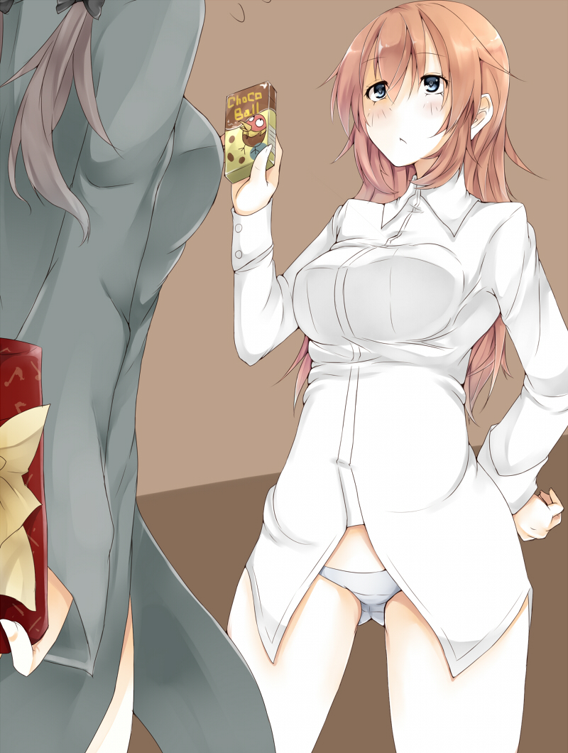 2girls amai_nekuta bangs black_bow black_jacket blue_eyes blue_panties bow breasts brown_hair charlotte_e_yeager chocolate closed_mouth commentary_request cowboy_shot dress_shirt food frown gertrud_barkhorn gift gluteal_fold hair_bow hand_on_hip holding holding_food jacket long_hair long_sleeves looking_at_another medium_breasts multiple_girls no_pants panties shirt standing strike_witches twintails underwear valentine white_shirt wing_collar world_witches_series