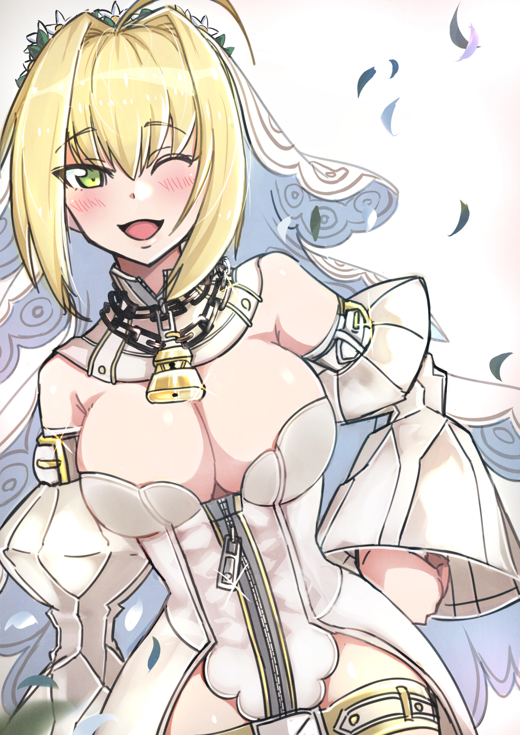 1girl ahoge bangs blonde_hair blush bodysuit breasts bridal_veil chains cleavage commentary_request detached_collar detached_sleeves eyebrows_visible_through_hair fate/grand_order fate_(series) feathers green_eyes hair_intakes hand_on_hip highres large_breasts leaning_to_the_side lock looking_at_viewer nero_claudius_(bride)_(fate) nero_claudius_(fate) nero_claudius_(fate)_(all) one_eye_closed open_mouth padlock saku_(saku1151) smile solo sparkle standing strapless upper_body veil zipper zipper_pull_tab