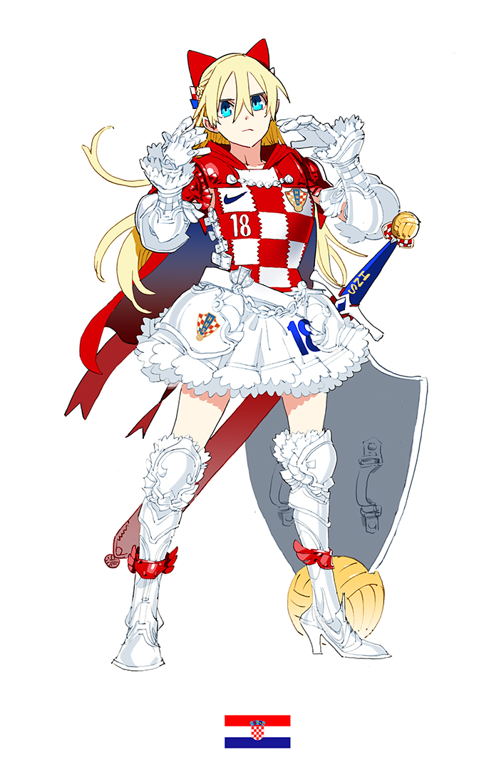 1girl 2018_fifa_world_cup armor armored_boots armored_dress blonde_hair boots croatia croatian_flag daibajoujisan full_body gloves hair_between_eyes high_heel_boots high_heels looking_at_viewer number shield simple_background skirt soccer solo sword weapon white_background white_gloves white_skirt
