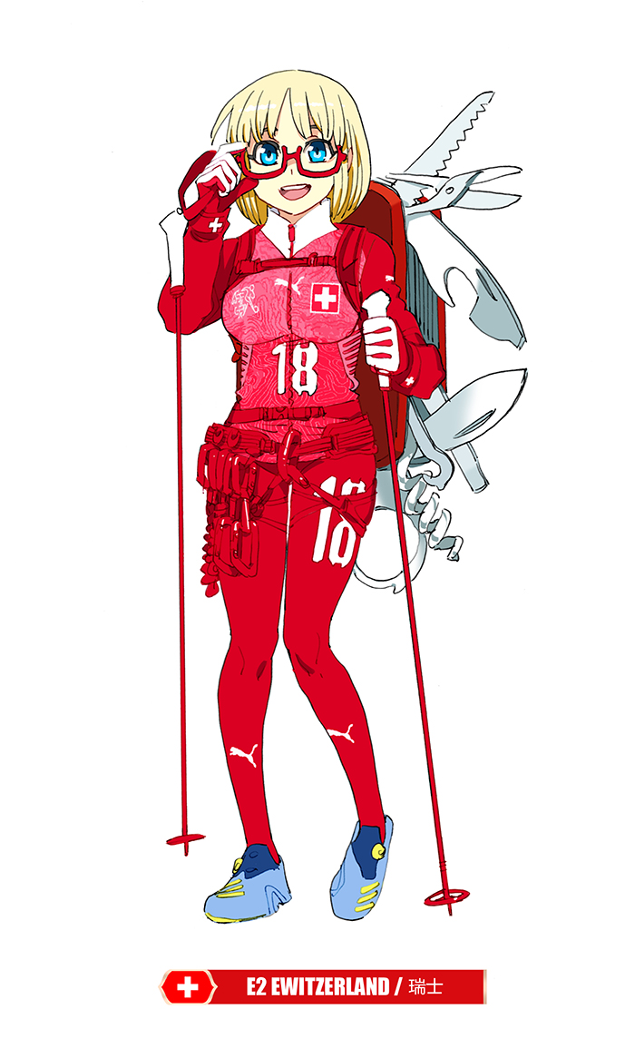 1girl 2018_fifa_world_cup :d adjusting_eyewear bangs blonde_hair blue_eyes blue_footwear bodysuit carabiner daibajoujisan full_body glasses looking_at_viewer open_mouth semi-rimless_eyewear simple_background ski_pole smile soccer solo swiss_army_knife swiss_flag switzerland under-rim_eyewear white_background