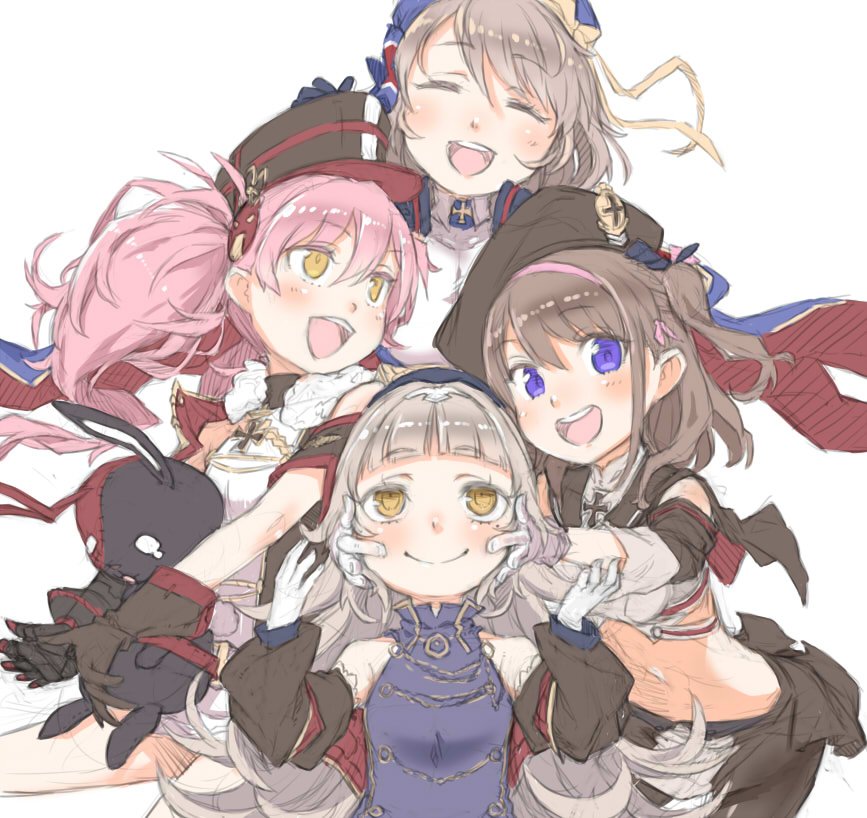 4girls :d azur_lane beret brown_hair closed_eyes codeblueocean commentary_request gloves hair_ornament hairclip hand_on_another's_face hat iron_cross long_hair looking_at_viewer looking_up midriff military military_uniform mole mole_under_eye multiple_girls open_mouth pink_hair simple_background smile stuffed_animal stuffed_bunny stuffed_toy twintails uniform violet_eyes white_background z23_(azur_lane) z25_(azur_lane) z35_(azur_lane) z46_(azur_lane)