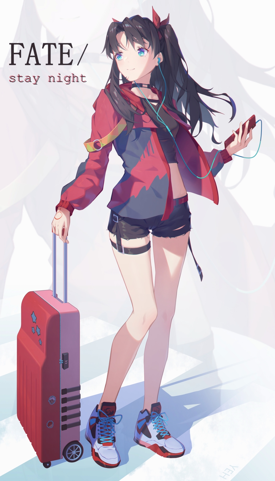 1girl alternate_costume black_choker black_hair black_shorts blue_eyes cellphone choker command_spell commentary_request copyright_name crop_top earphones earphones fate/stay_night fate_(series) highres jacket listening_to_music long_hair phone red_jacket rolling_suitcase shorts smartphone solo thigh_strap tohsaka_rin two_side_up yeh_(354162698)
