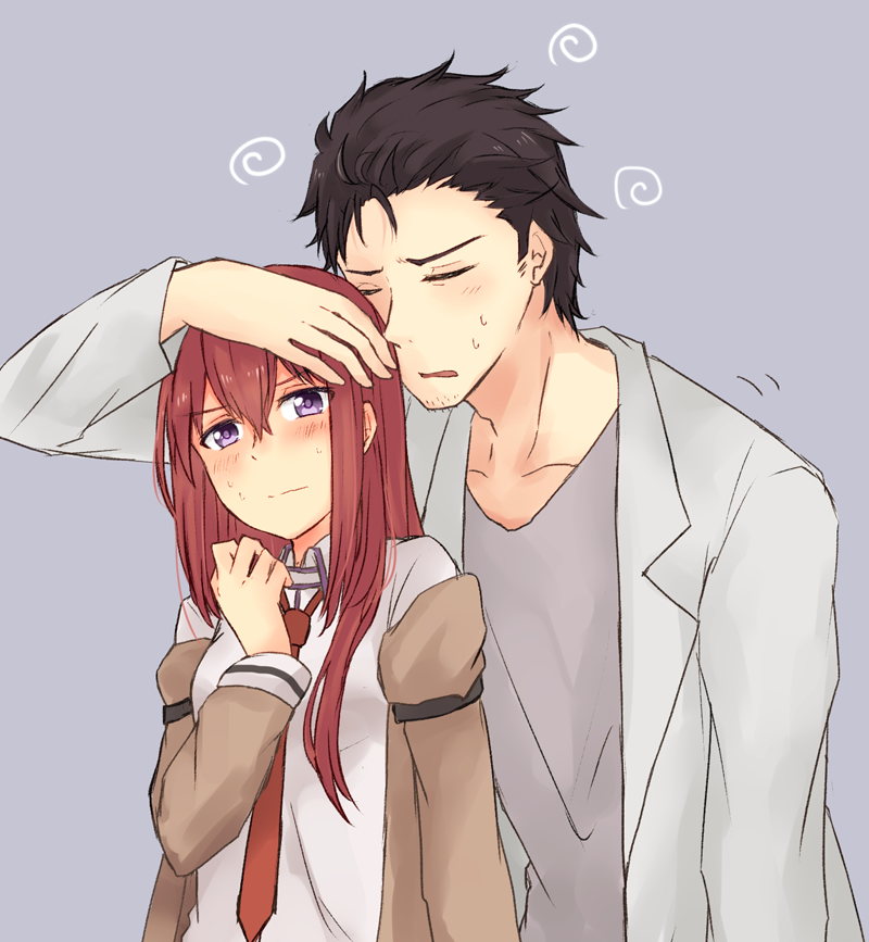 1boy 1girl black_hair blue_background blush breasts closed_eyes collarbone collared_shirt embarrassed facial_hair hair_between_eyes hand_on_another's_head jacket labcoat long_hair makise_kurisu messy_hair necktie off_shoulder okabe_rintarou redhead shirt short_hair simple_background small_breasts steins;gate stubble sweatdrop swirl upper_body wavy_mouth yugure