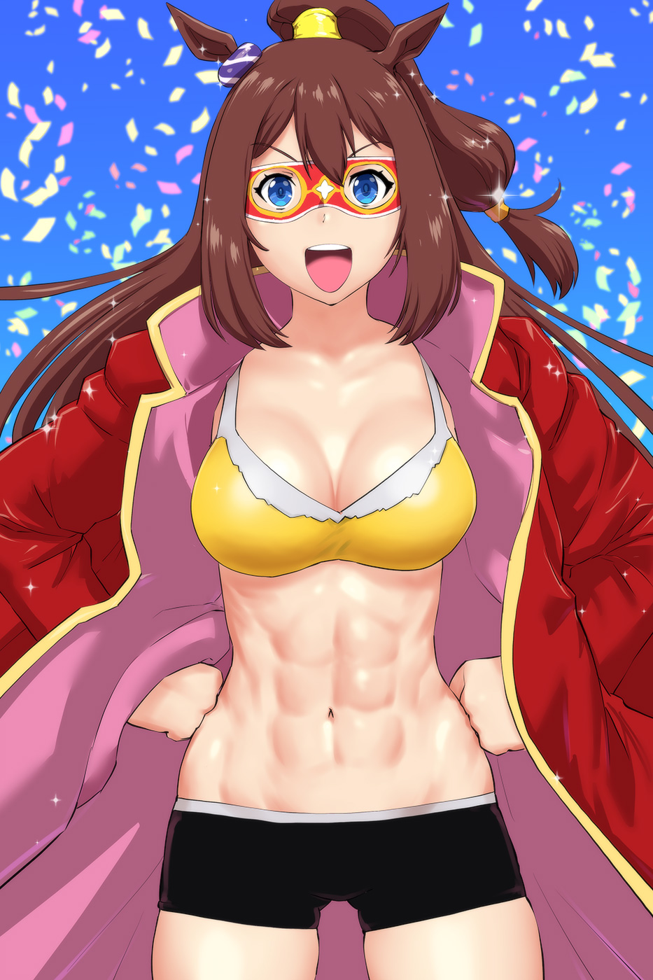 1girl abs animal_ears blue_eyes breasts brown_hair commentary_request confetti el_condor_pasa hands_on_hips high_ponytail highres horse_ears horse_girl jacket large_breasts long_hair looking_at_viewer mask navel open_mouth ponytail red_jacket smile solo thigh_gap toned ueyama_michirou umamusume