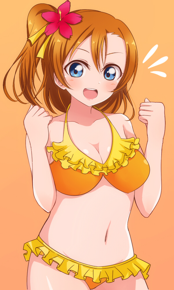 1girl bikini blue_eyes breasts cleavage clenched_hand cowboy_shot flower frilled_bikini frills hair_flower hair_ornament hibiscus kousaka_honoka looking_at_viewer love_live! love_live!_school_idol_project medium_breasts navel one_side_up orange_background orange_bikini orange_hair short_hair simple_background solo swimsuit wewe