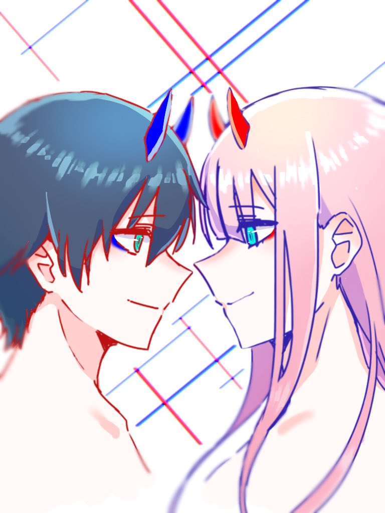 1boy 1girl bangs black_hair blue_eyes blue_horns commentary_request couple darling_in_the_franxx eyebrows_visible_through_hair face-to-face facing_another green_eyes hetero hiro_(darling_in_the_franxx) horns long_hair looking_at_another nude oni_horns pink_hair raichi274 red_horns short_hair zero_two_(darling_in_the_franxx)
